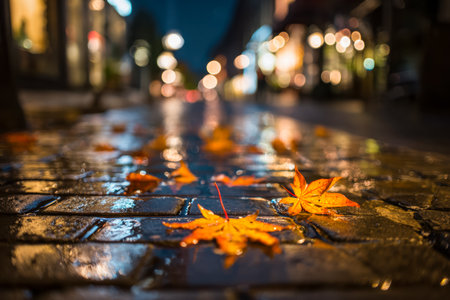 Glowing streetlights reflect on wet pavement as golden and crimson foliage carpets a chilly evening thoroughfare, capturing tranquility amidst urban drizzle.の写真素材