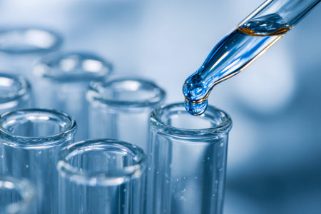 A precision instrument releases a controlled drop of liquid into a series of clear, slender tubes,...