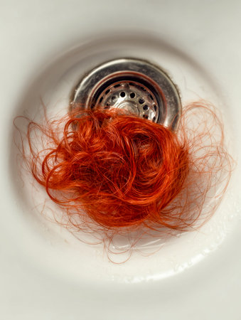 Vibrant crimson locks caught unexpectedly in a sink?s plumbing, capturing a moment of minor chaos...