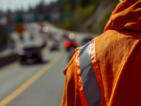 A safety worker in a vibrant orange vest monitors roadside activities against a backdrop of...