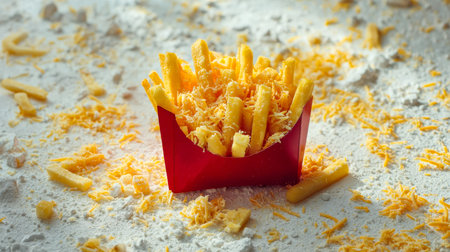 Golden, crunchy cheese fries nestled in a vibrant red container rest on a lightly dusted flour...