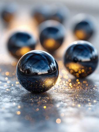 Glossy black spheres rest on a rough surface, illuminated by shimmering golden lights that evoke a...
