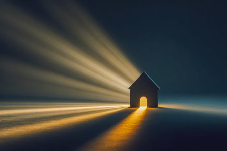 A cozy dwelling stands against darkness, its glowing interior casting luminous rays through open doors and windows, elongating shadows and creating a welcoming glow.の写真素材