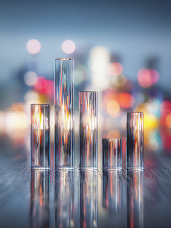 Sleek glass tubes mirror the lively cityscape's hues as they line up on a glossy surface, capturing...