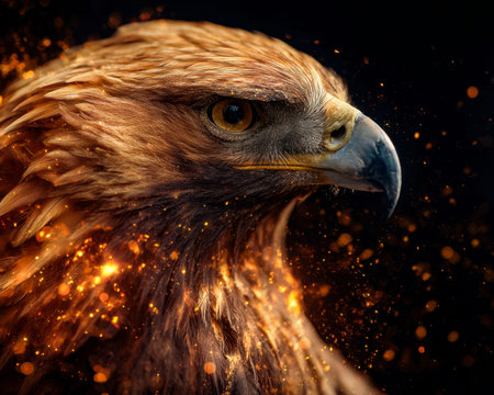 A majestic eagle with piercing eyes amid a fiery background, sparks radiating from its feathers,...