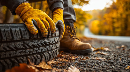 A laborer cautiously swaps a flat tire amid falling leaves, bathed in warm autumn sunlight,...