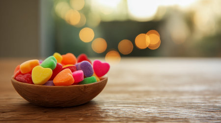 A rustic wooden table supporting a bowl brimming with vibrant, heart-shaped confections. Gentle...