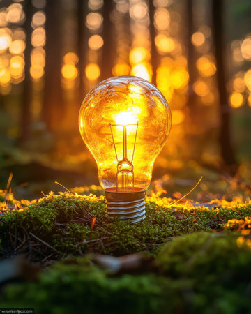 A glowing filament bulb stands amid trees as sunset casts warm hues, creating a dreamy bokeh...