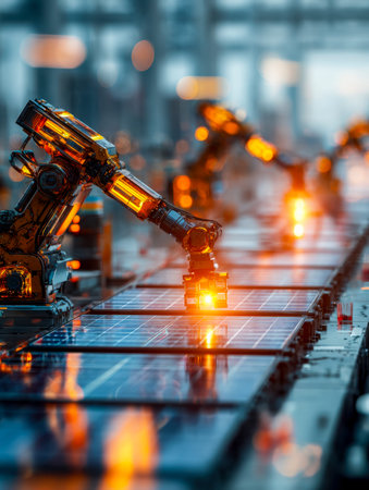 Precision robotic devices work in unison, swiftly assembling large solar modules in a high-tech...