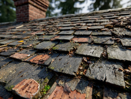 A detailed shot highlighting a roof's decline, featuring green moss growth amid peeling, aged shingles that tell stories of passing seasons.の写真素材