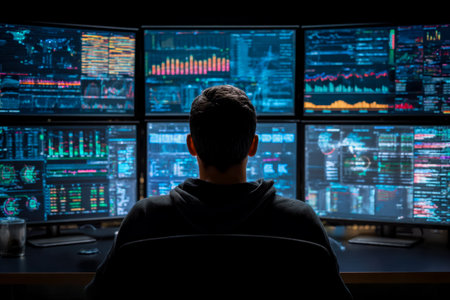 A professional analyzes extensive financial metrics across several glowing digital displays, immersed in a high-tech environment focused on data accurの写真素材