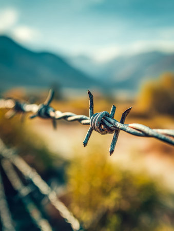 Sharp, corroded metal coils stretch across rugged terrain, with majestic mountain peaks looming in...