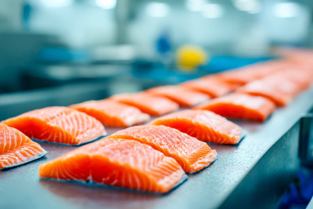 Vibrant salmon portions are neatly displayed on a clean surface, showing quality cuts in a busy...