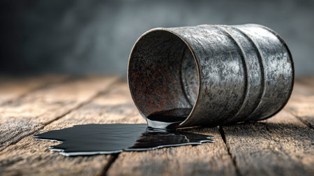 An aged, corroded container lies on its side, seeping a dense, dark fluid across weathered planks...