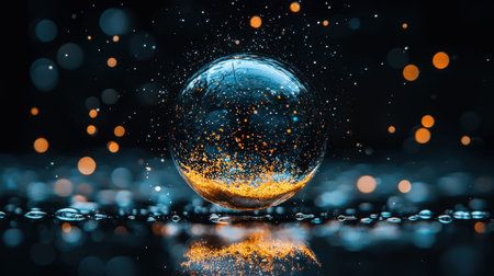 A luminous glass orb filled with shimmering gold dust, set against a backdrop of colorful,...