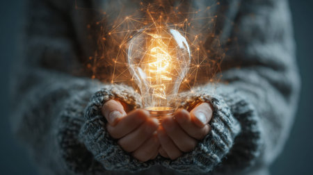 A warm-toned hand in plush gray knitwear cradles a luminous bulb, emanating interconnected digital...