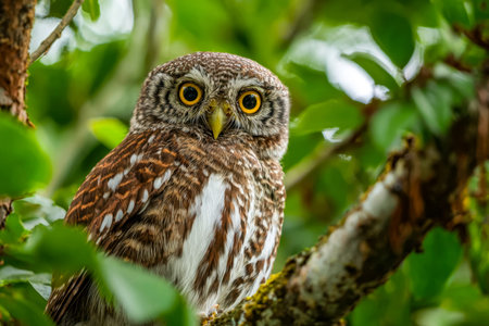 A tiny owl with captivating eyes rests delicately on a tree branch, surrounded by vibrant leaves,...
