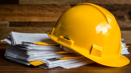A work helmet gently placed atop detailed plans and technical drawings, capturing a moment of planning and safety in an active construction environment.の写真素材