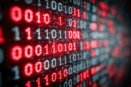 A vibrant digital backdrop featuring luminous red and white binary sequences that shimmer across the scene, layered with a soft-focus depth for a futuristic tech ambianceの写真素材