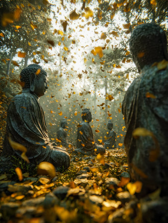 Tranquil forest setting featuring ancient stone Buddhas nestled among drifting amber leaves, illuminated by gentle sunlight, evoking peace and inner harmony.のeditorial素材