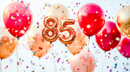 Vibrant balloons and shimmering confetti fill the scene with festive energy, perfect for milestone...