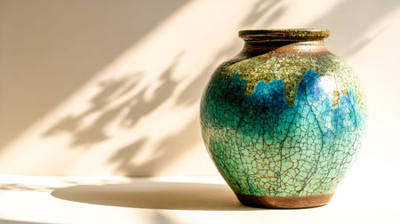 A striking ceramic vessel featuring a textured crackled surface and lively shades of teal and...