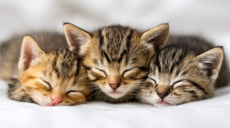 Three tiny tabby cats rest serenely on a plush white background, their gentle forms intertwined in a...
