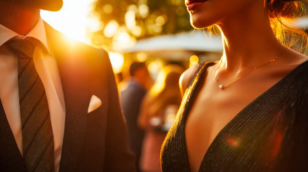 A sophisticated pair sharing a tender moment as warm evening light bathes their surroundings, capturing romance amid an outdoor celebration at dusk.の写真素材