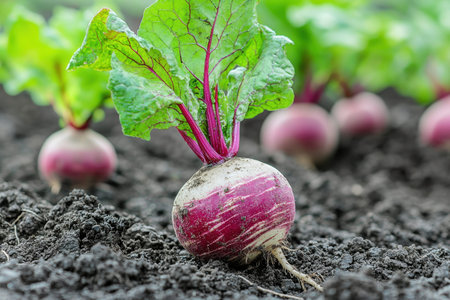 Close-up of a vibrant earthy root vegetable with lush green foliage, showing agricultural freshness...