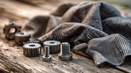 An assortment of shiny metal cogs and fasteners laid out on weathered timber, set against a textured...