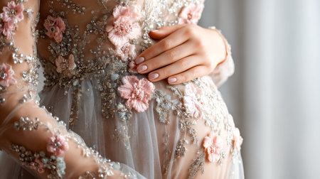A graceful fabric adorned with intricate floral stitching gently cradles a expecting mother, her...