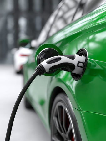 A sleek green electric car connected to a contemporary charging station amidst city streets,...