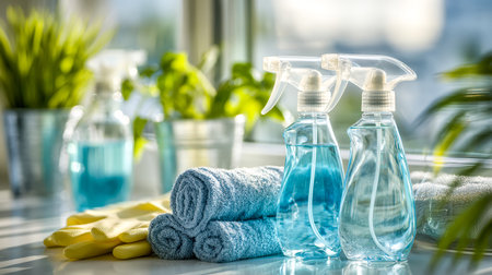 Bright sunlight illuminates a neat display of cleaning tools and soft towels, creating a fresh,...