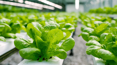 Bright, lush lettuce crops flourish under controlled lighting in a sleek, high-tech greenhouse,...