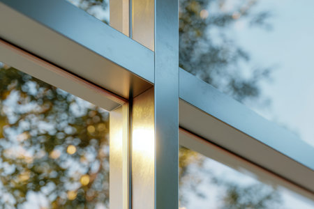 A sleek metallic window border captures gentle sunlight, creating subtle highlights amid a softly...