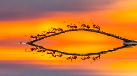 A convoy of tiny insects trails along a gracefully arched branch, their silhouettes mirrored perfectly on a tranquil, sunset-glow pond surface.の写真素材