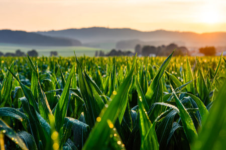 Dawn illuminates a vibrant farmland fresh with morning dew, showcasing dense greenery under a sky...
