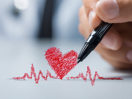 A person sketches a vibrant crimson heart alongside a heartbeat pattern on crisp white paper, symbolizing compassion, health, and medical support through artful illustratの写真素材