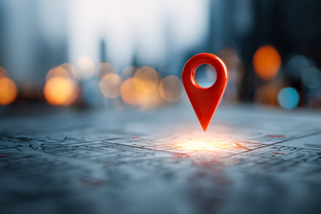 A vibrant red pin sharply marks a specific spot on a detailed city map, while shimmering city lights...