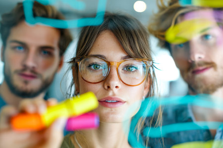 A dynamic group of young experts brainstorms around a table, using vivid markers and stylish eyewear to bring innovative ideas to life.のeditorial素材