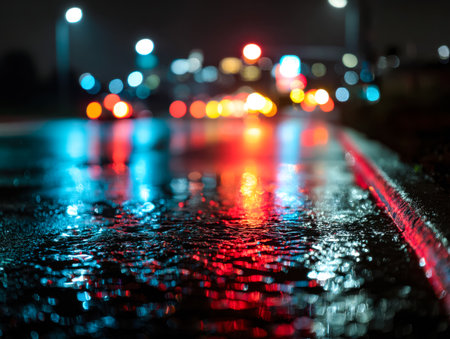 A vibrant urban scene at night, where shimmering reflections dance on glistening pavement, illuminated by an array of soft, colorful orbs blending into the dark.のeditorial素材