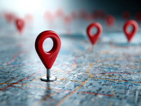 Bright red pins highlight key areas on an intricate city layout, representing navigation routes,...