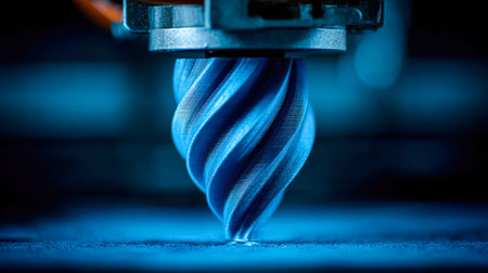 A precision 3d printer nozzle extrudes luminous blue filament, building a mesmerizing spiral form...