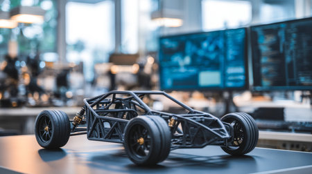 A sleek, advanced vehicle prototype rests in a high-tech environment, surrounded by digital displays...
