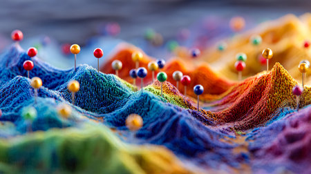 A lively, artistic scene featuring vivid, layered elevations and a spectrum of bright hues, accented...