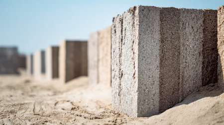 Weathered concrete pavers in earthy tones create a scenic walkway along the shore, contrasting...