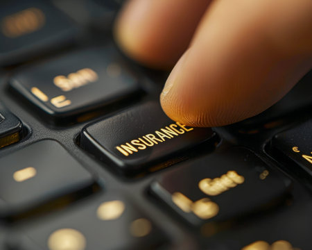 Close up of finger typing the word insurance on high resolution black and gold keyboard