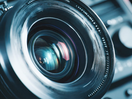 A close-up showcasing the complex glass components and reflective surfaces of a camera lens, softly...