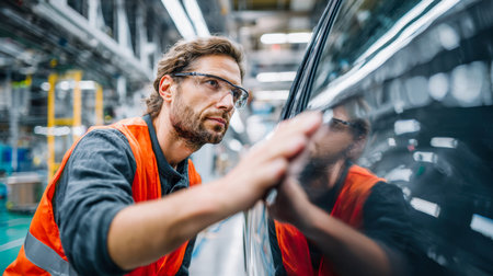 A focused technician wearing safety gear examines the smooth, reflective surface of a sleek vehicle,...