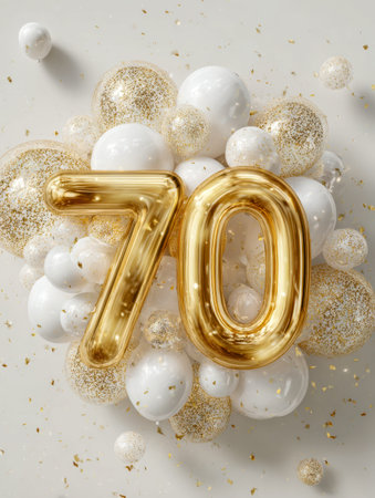 A radiant gold numeral seventy balloon takes center stage, encircled by stylish white and gold balloons bursting with delicate confetti, perfect for marking special achievements.の写真素材